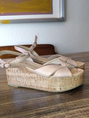 Stuart Weitzman Carmen platform slide sandals 7.5 B Nude Beige Leather